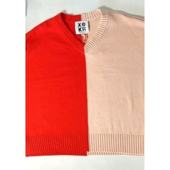 Kerri Rosenthal Sweater M Cotton Red Pink Colorblock Radiant Heart V-Neck NEW - Picture 12 of 15
